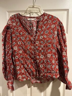 Isabel Marant Etoile Red Floral Button-Front Blouse with Puff Sleeves